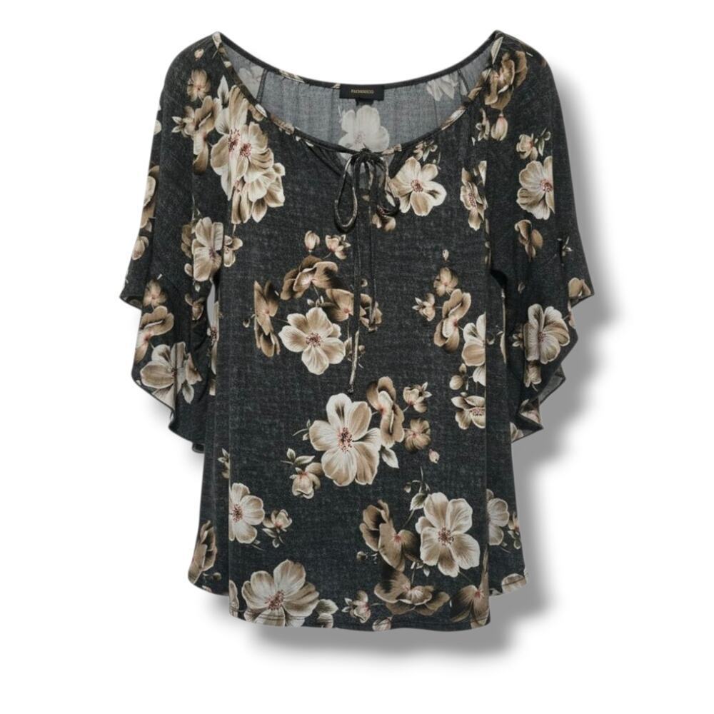 EXPRESSO Floral Flutter Sleeve Lace-Up Blouse XL – Black Beige Stretchy Top